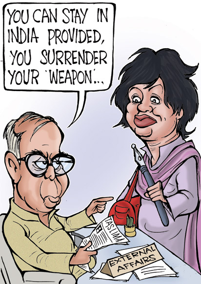 Indian External Affairs Ministry on Reporters - Funny Indian Cartoon. You Can Stay in India Provided you surrender your weapon..